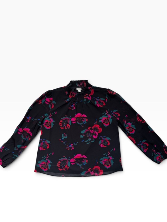 J. Crew Tops - J.Crew Black Floral Smocked Neck Long Sleeve Blouse Size Larg